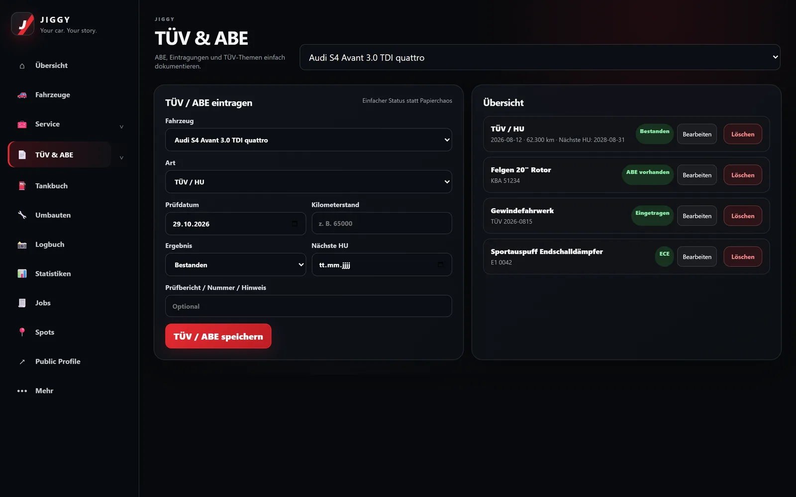 TÜV und ABE Übersicht in JIGGY mit Status für Felgen, Fahrwerk und Auspuff