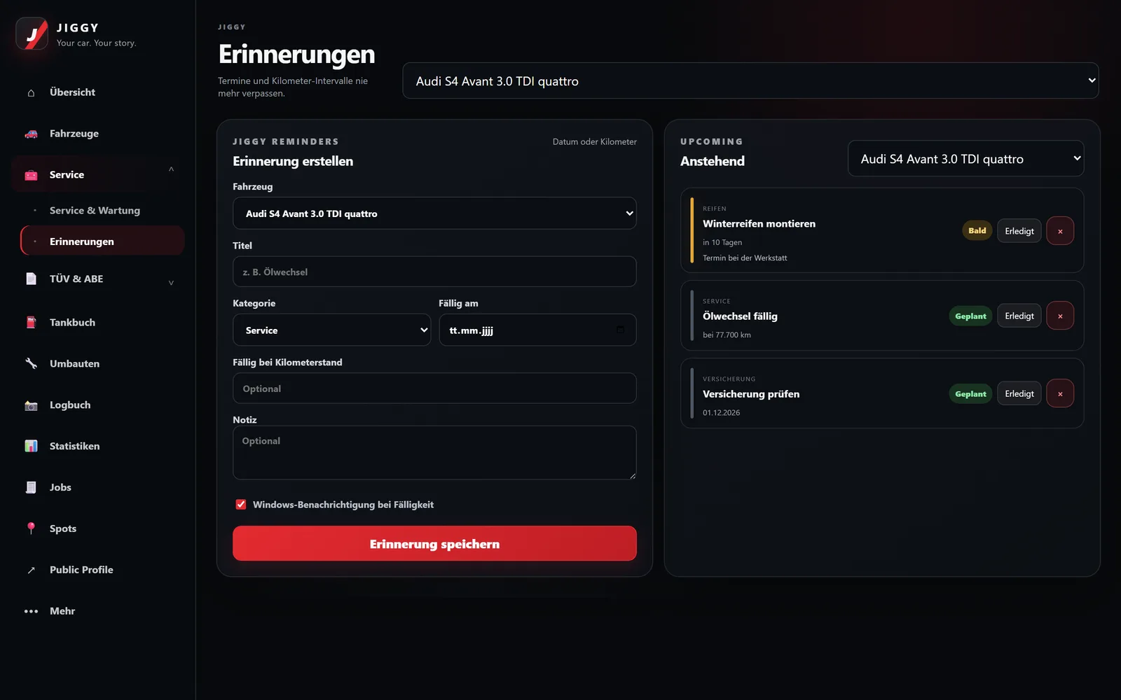 Erinnerungen in JIGGY für Ölwechsel, Winterreifen und Versicherung