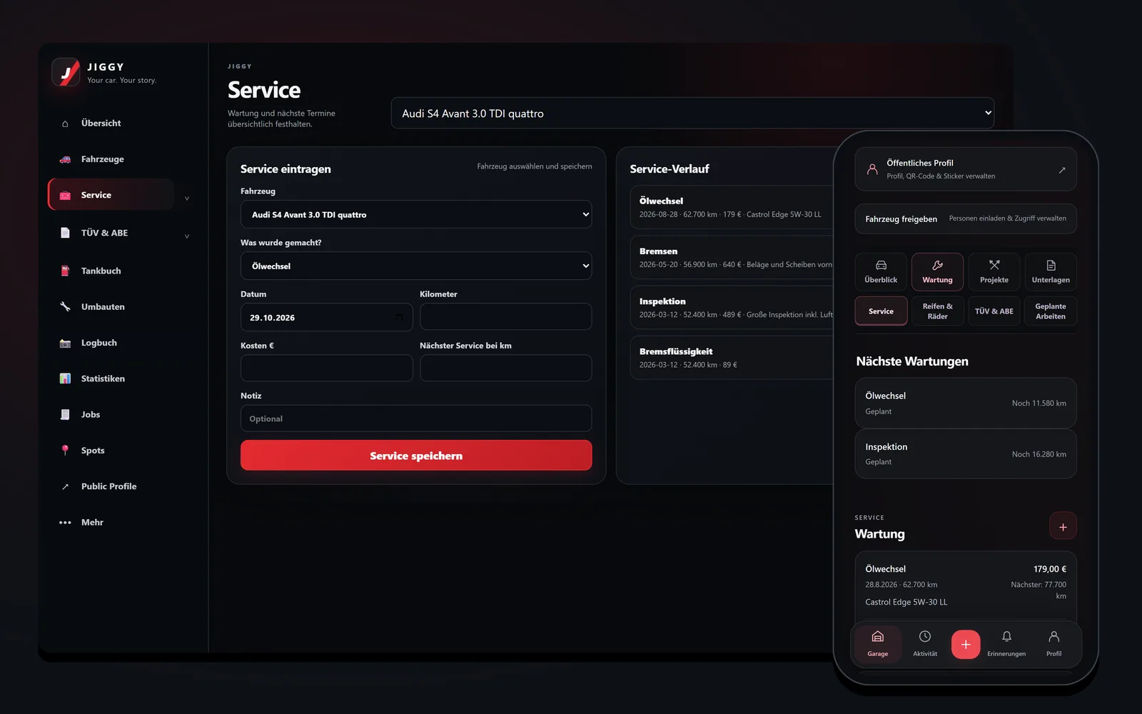 Digitales Serviceheft in JIGGY mit Service-Verlauf am PC und nächsten Wartungen auf dem Handy