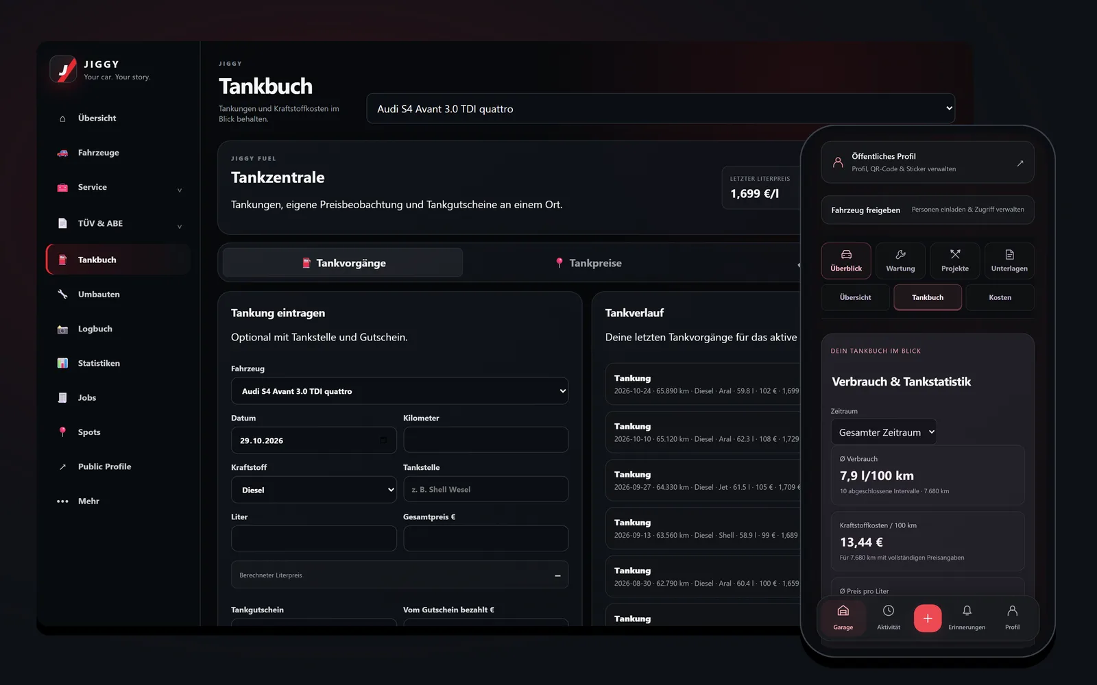 JIGGY Tankbuch am PC und Tankstatistik mit Verbrauch pro 100 km auf dem Handy